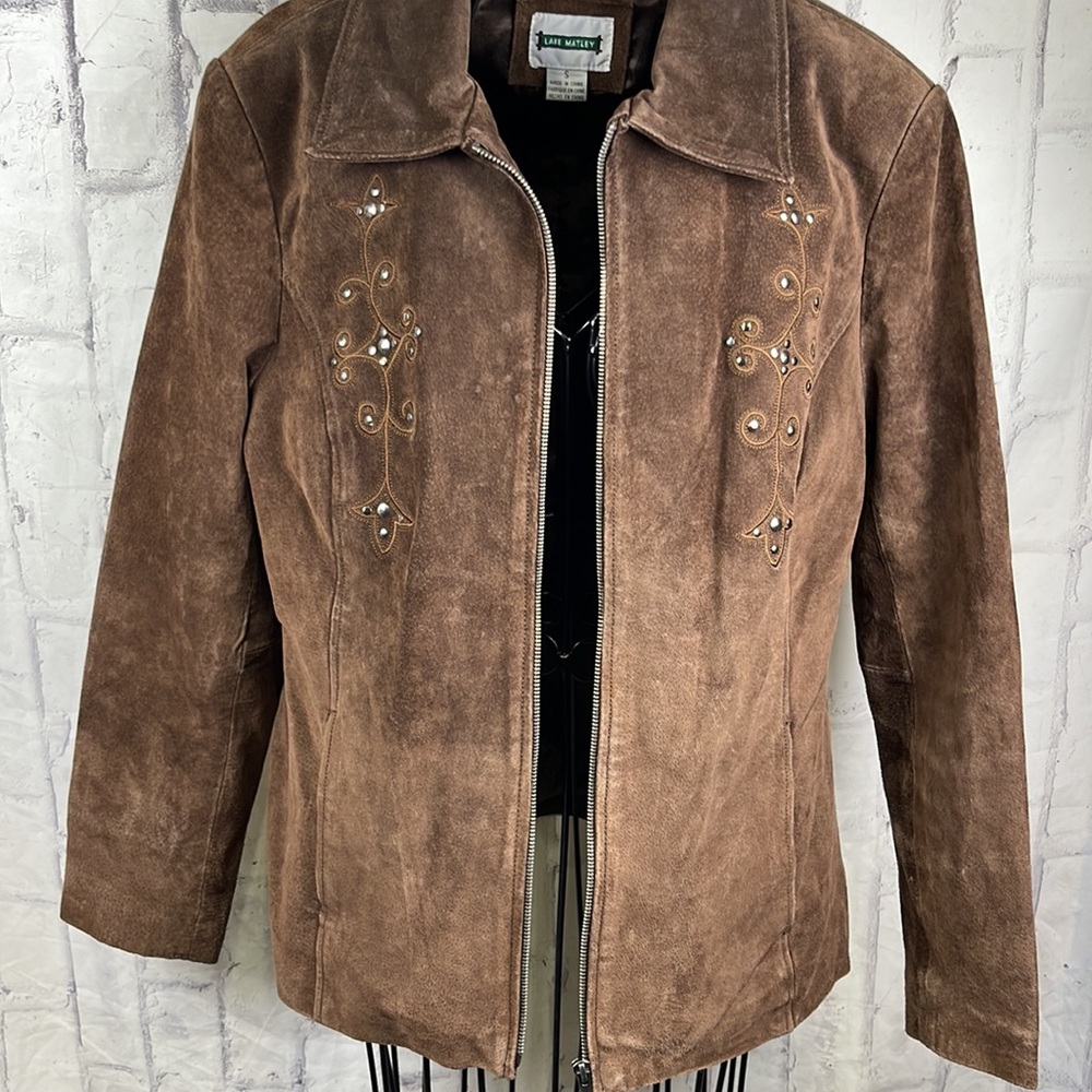 Lake Matley Suede Jacket Pockets Brown Full Zip Front Studded Embroidered Design - Picture 4 of 12